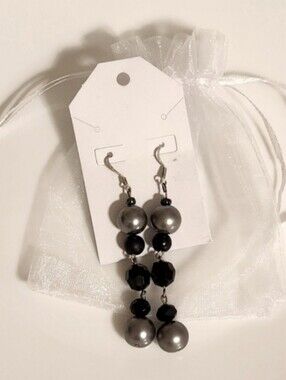Faux Grey Pearl Earrings With Black Rhinestones